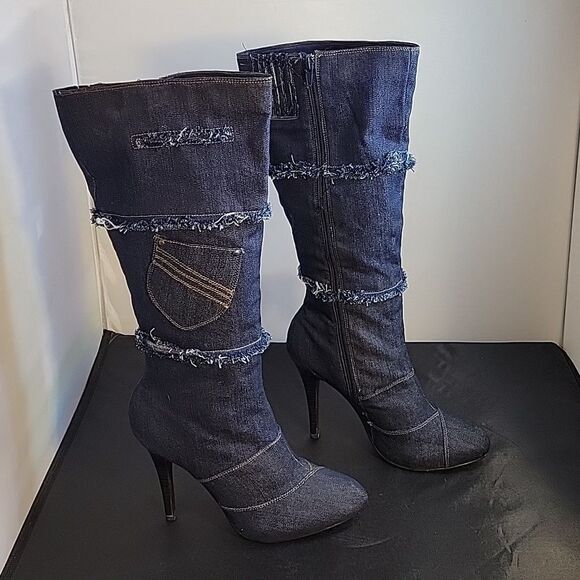 QUPID DENIM JEAN MATERIALS HIGH HEEL STILETTOS BOOT - Picture 1 of 14